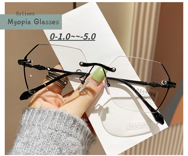 Irregular Polygon Rimless Myopia Glasses for Women Men Blue Light Filter Finished Prescription Eyewear Nearsighted Glasses -1.0 2