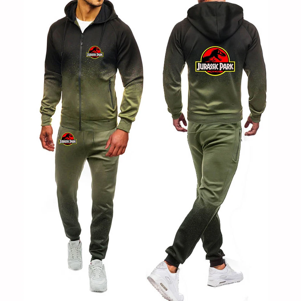 2023 New Jurassic Park Spring Autumn Custom Made Brand Men Zipper Jacket Hoodie + Pants Drawstring Gradient Color Suit Leisure