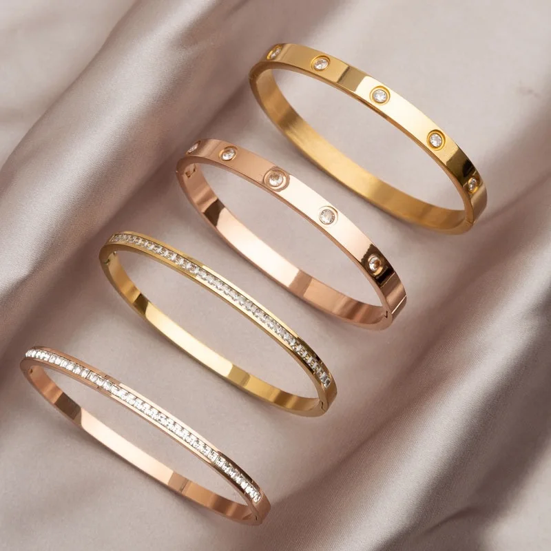 Stainless Steel Bracelet Htpwe Stainless Steel Diamond Ring Stacking Bracelet Women 18k Gold Plated Couple Holiday Gift Fashion Bracelet Party Jewelry