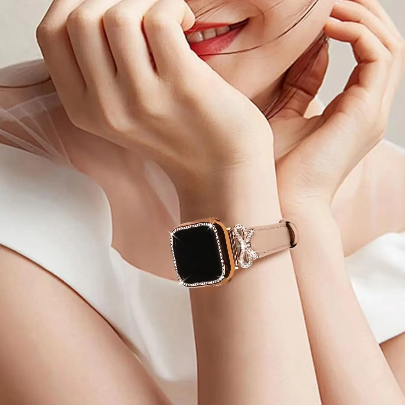 Elegant Bow Strap with Diamond Case for Women's Smartwatch Accessories