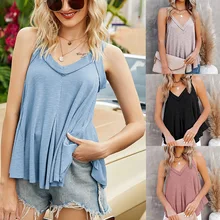 

2022 Ladies Summer Shirt Tank Top V Neck Tank Top Irregular Multi Hem Sleeveless Cotton Top T Shirt Top