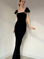 New Women's Short  Sleevel Square Neck Diamonds Bandage Dress Floor Length Bodycon Fashion Celebrity Party Maxi Dress - Image 3