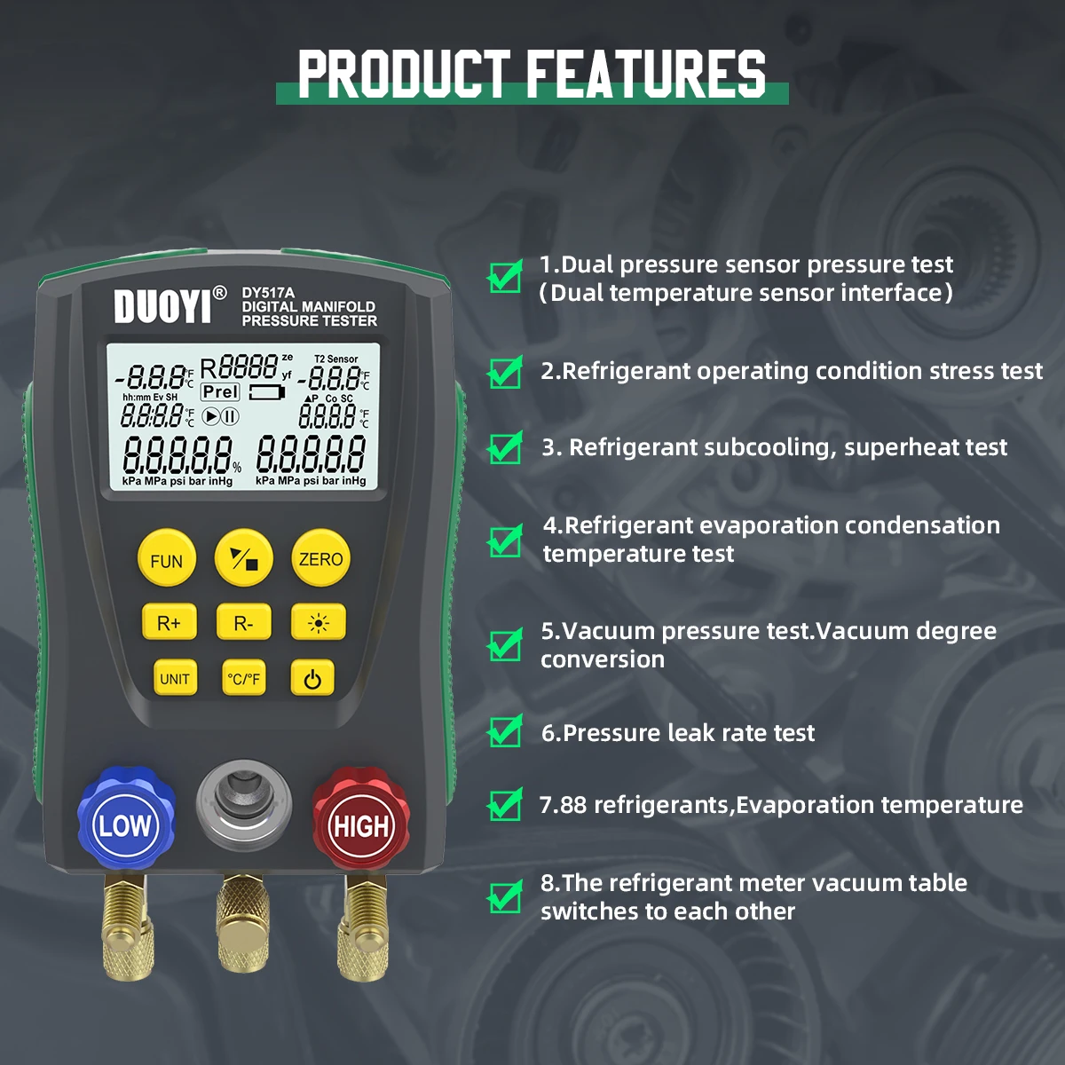 DUOYI DY517A Digital Manifold Meter Air Conditioning Vacuum Gauge for Refrigeration HVAC Vacuum