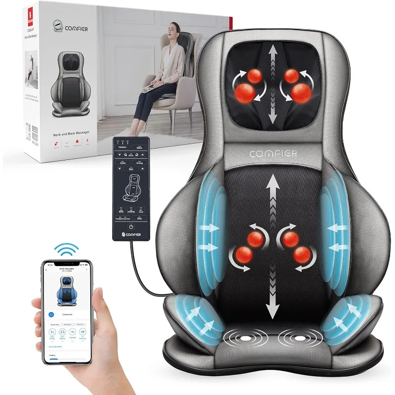

Массажер для шеи и спины COMFIER Shiatsu с нагревом и сжатием, приложение для управления 2D или 3D глубокими салфетками, массажное кресло-подушка