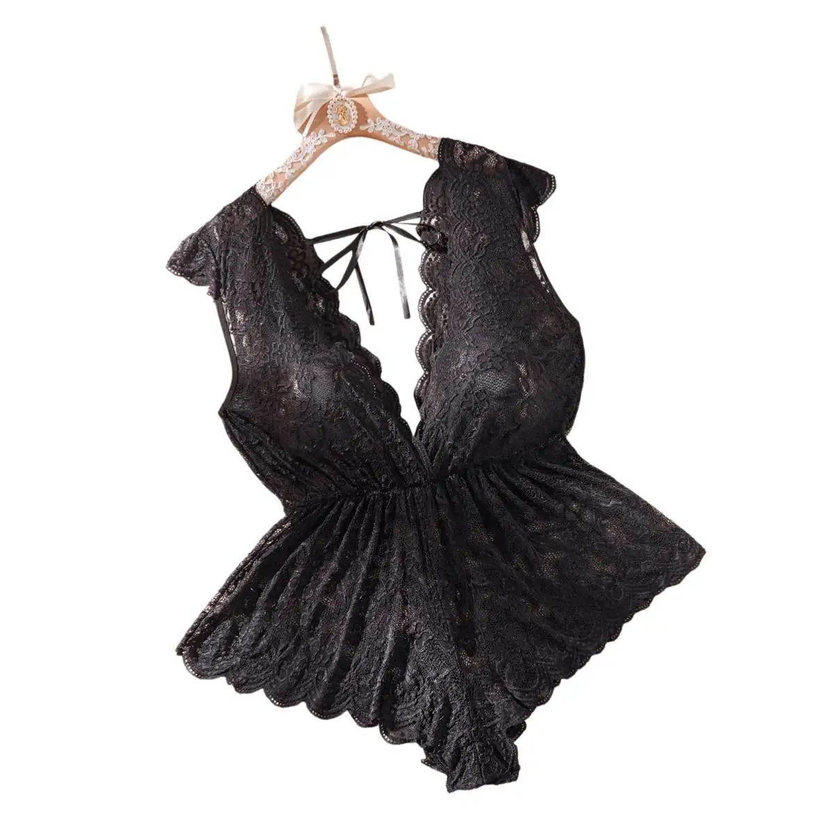 38216-d3af6a.jpg Women Black Pleated Slip Dress Deep V Backless Mesh Babydoll Lingerie Spaghetti Strap Ruffle Hem Bodycon Nightgown Sleepwear - Image 1