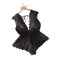 Women Black Pleated Slip Dress Deep V Backless Mesh Babydoll Lingerie Spaghetti Strap Ruffle Hem Bodycon Nightgown Sleepwear