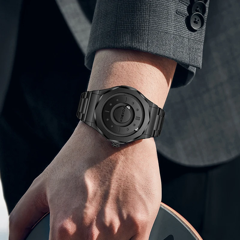 FOXBOX New Rolling Pointer Magnetic Force Waterproof Watch For Men Black Stainless Steel Sport Men Quartz Watches Reloj Hombre