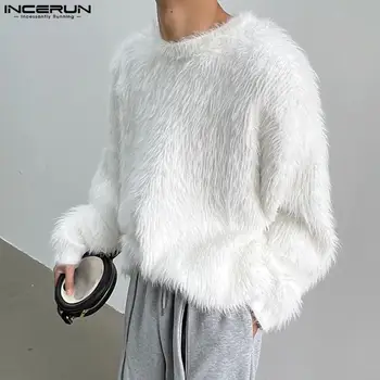 2023 Uomini Pullover di Colore Solido Peluche O-Collo Manica Lunga Moda Casual Abbigliamento Uomo Streetwear Autunno Maglioni S-5XL INCERUN 1