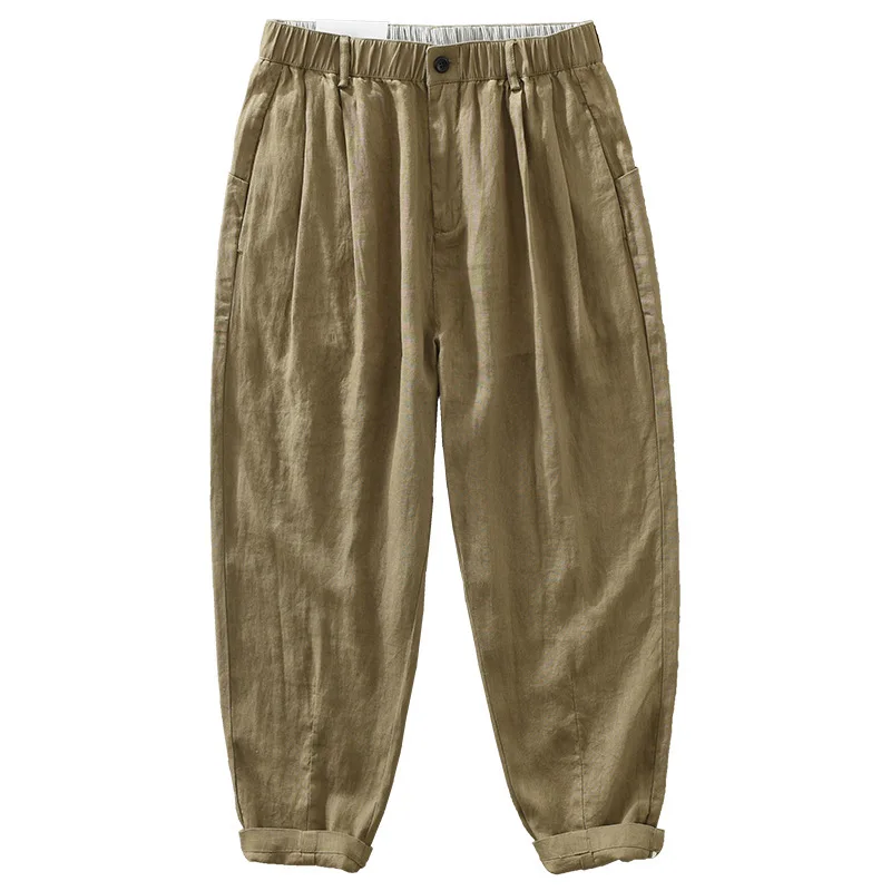 

Однотонные дышащие льняные повседневные брюки в стиле ретро для мужчин свободные и модные прямые брюки