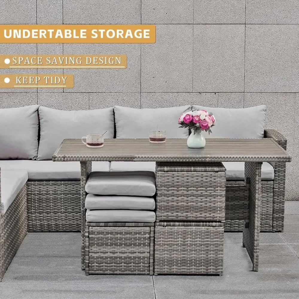 7 Pieces Outdoor Patio Furniture with Dining Table&Chair, All Weather Wicker Conversation Set with,Grey Garden Sofas
