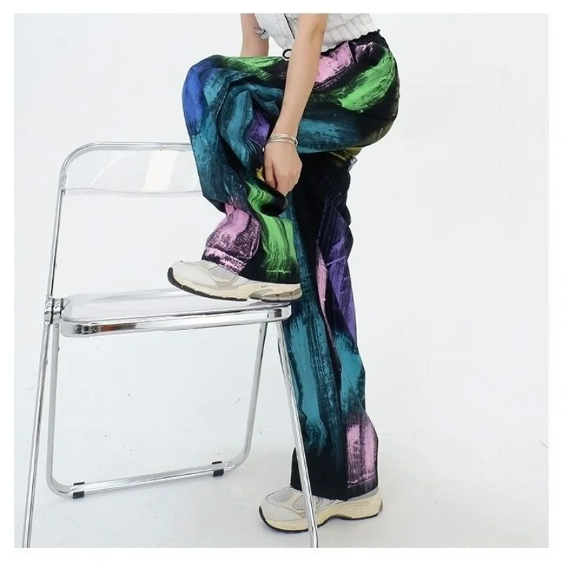 Streetwear Y2K Graffiti Color Woman Oversize Pants Spring Summer Pockets Elastic Waist Hip Hop Sports Casual Wide Leg Trousers