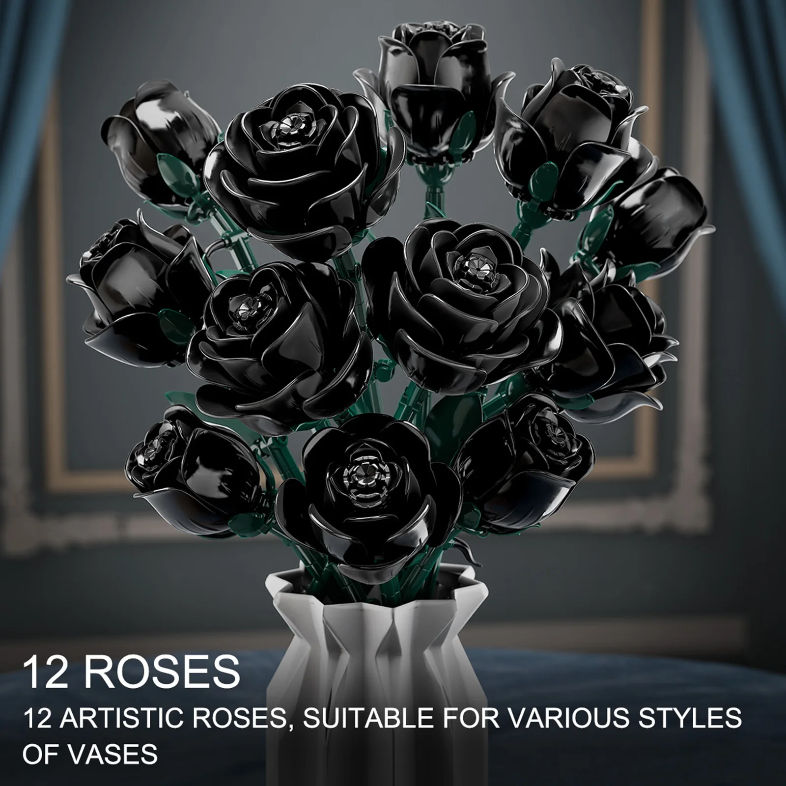 12 Pieces Black Rose Bundle Building Blocks Toys Model Flowers Bricks Toy Sets Desktop Ornament Valentine's Day Christmas Gifts