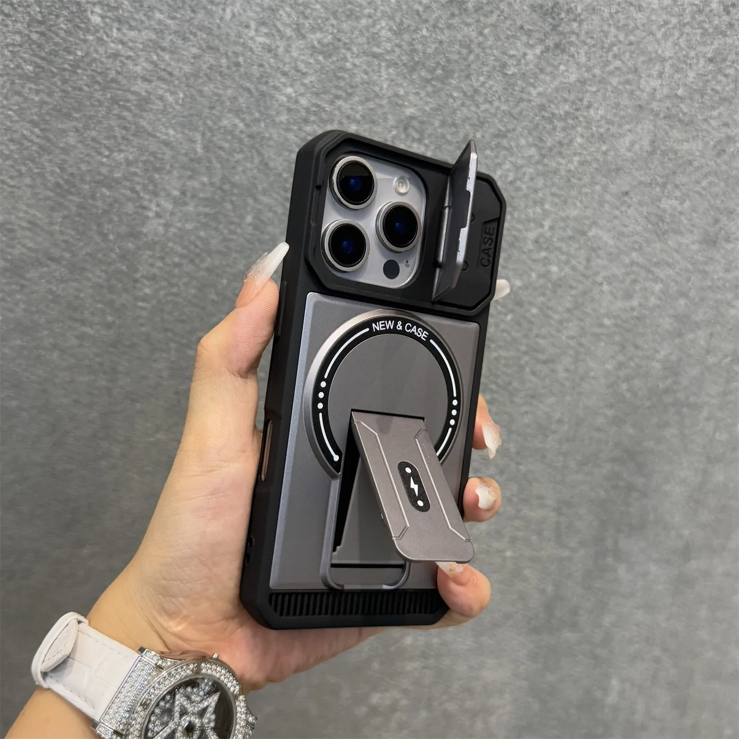 Magnetic Folding Bracket Armor Phone Case with Flip Lens Protective Stand Cover
