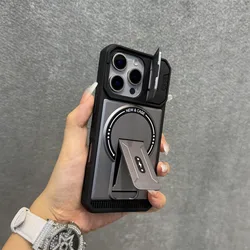 Magnetic Folding Bracket Armor Phone Case with Flip Lens Protective Stand Cover - iPhone 15 Plus (GRAY)