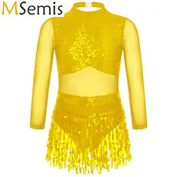 Kids Girls Jazz Dance Performance Costume Mesh Long Sleeve Round Collar Shiny Sequins Hollow Back Tassel Ballet Dance Dress