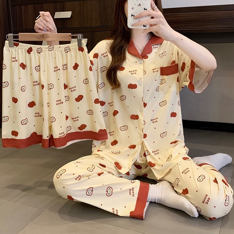 Sweet and lovely apple ladies pajamas spring and autumn season new short-sleeved shorts pants lapel homewear three-piece set