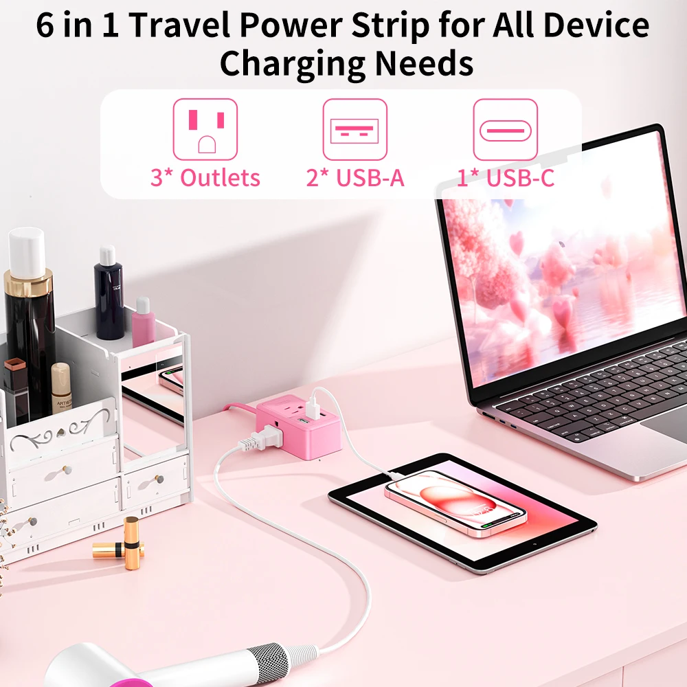 Power Strip 15FT Extra Long Power Strip with USB-C Fast Charging 3 AC Outlets 2 USB Ports Flat Plug Extension Cord for Home Office Travel