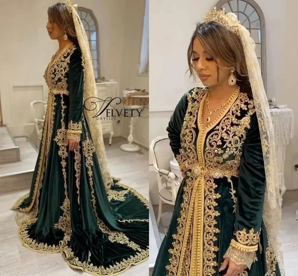 

Moroccan Kaftan Muslim Evening Dresses A-line V-neck Long Sleeves Velvet Appliques Dubai Arabic Turkey Abaya Islamic Gown