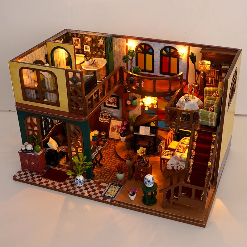 

DIY Wooden Casa Doll Houses Miniature Building Kits European Villa Dollhouse With Furniture LED Lights for Girls Birthday Gifts