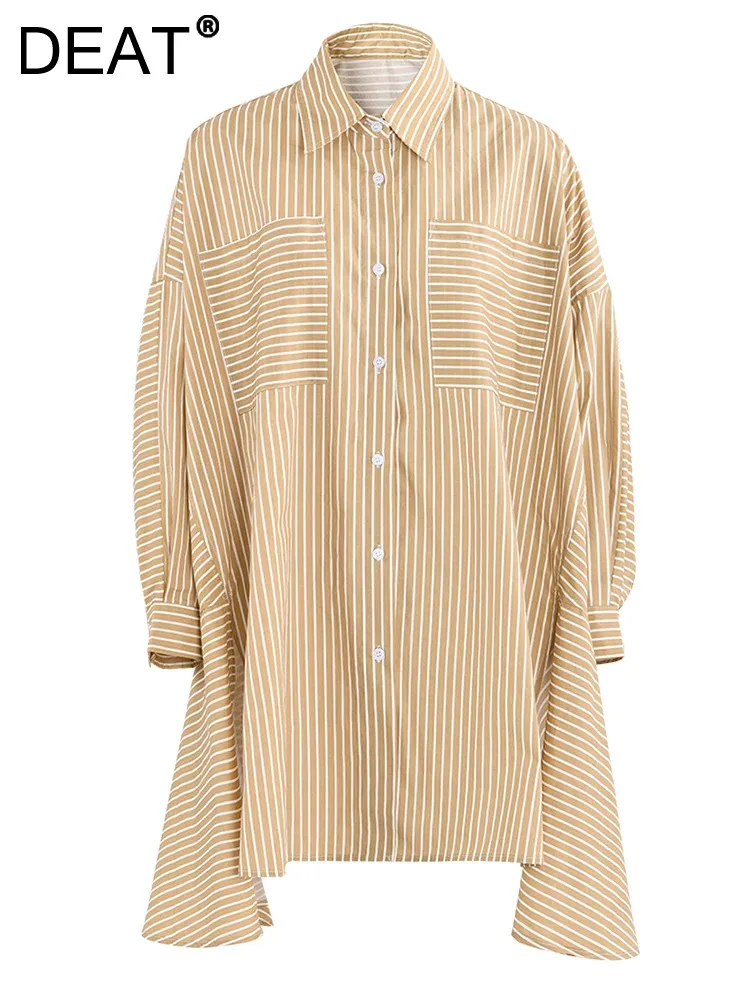 

DEAT Fashion Women's Shirt Lapel Loose Single Breasted Khaki Striped Long Sleeve Irregular Blouse Summer 2024 New tide CP1963
