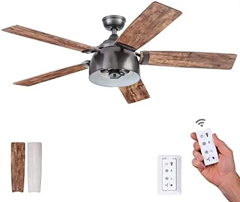 

52 Inch Industrial Style LED Ceiling Fan with Light, Remote Control, Dual Mounting Options, 5 Dual Finish Blades, Reversible Mot