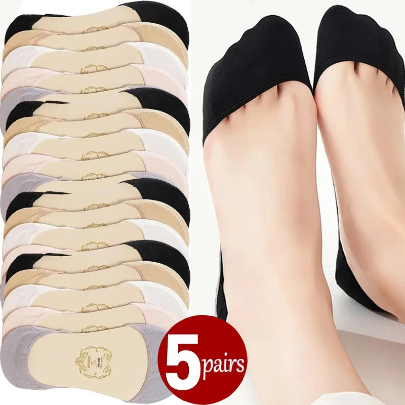 

1-5Pairs Summer Cotton Socks Invisible Non-slip Boat Socks Invisible Ladies Low Cut Ankle Sock Women Slippers Silicone Thin Sock