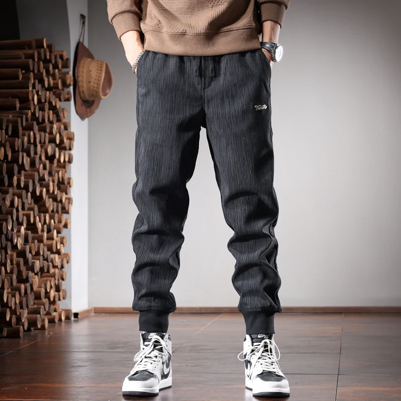 Autumn Black Stripe Pants Men Streetwear Casual Baggy Harem Pants Embroidery Sports Elastic Waist Drawstring Jogging Trousers