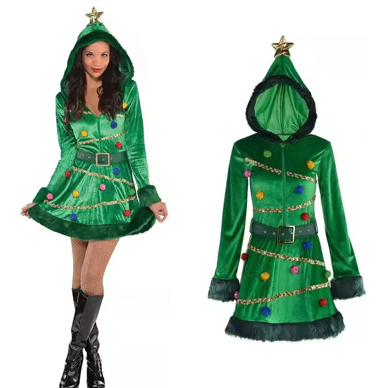 

Winter Green Flannel Warm Christmas Hooded Dresses Velvet Lady Santa Claus Costume Women Fancy Dress Xmas New Year Party Dresses