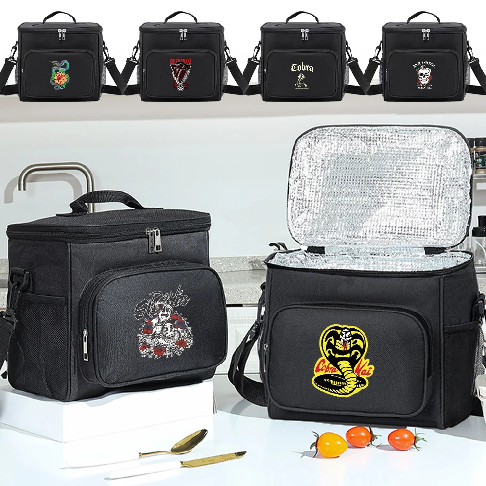 

Cartoon Insulated Front Pocket Lunch Bag Women Black Color Tote Bag Organizer Outdoor Food Container Printing Cobra Series