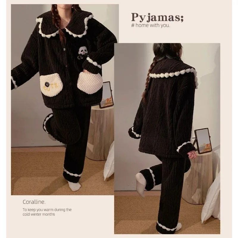 Panda Nightclothes Suit Women Autumn Winter Coral Fleece Thermal Pajamas Female Flannel Fleece-Lined Thickened Cartoon Homewear