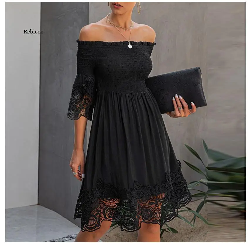 

Elegant Women Off Shoulder Dress Autumn Ruched Black Lace Dress Midi A Line Backless Party Dresses Ladies 2022 New