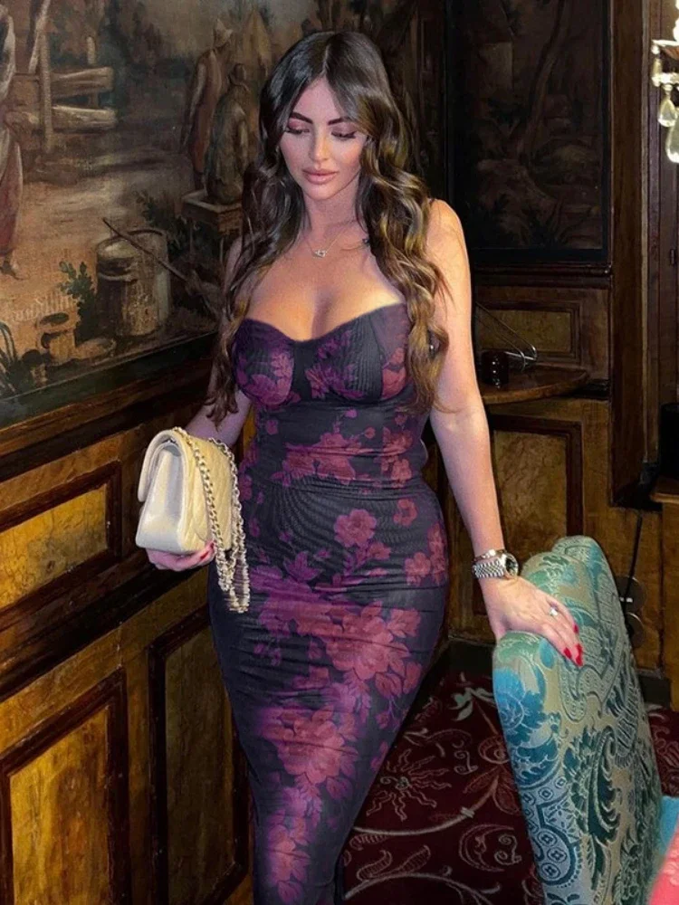 

XIZOU Floral Print Long Maxi Dress Lady Sleeveless Backless Sexy Summer Bodycon Dress Elegant Party Evening Dresses for Women