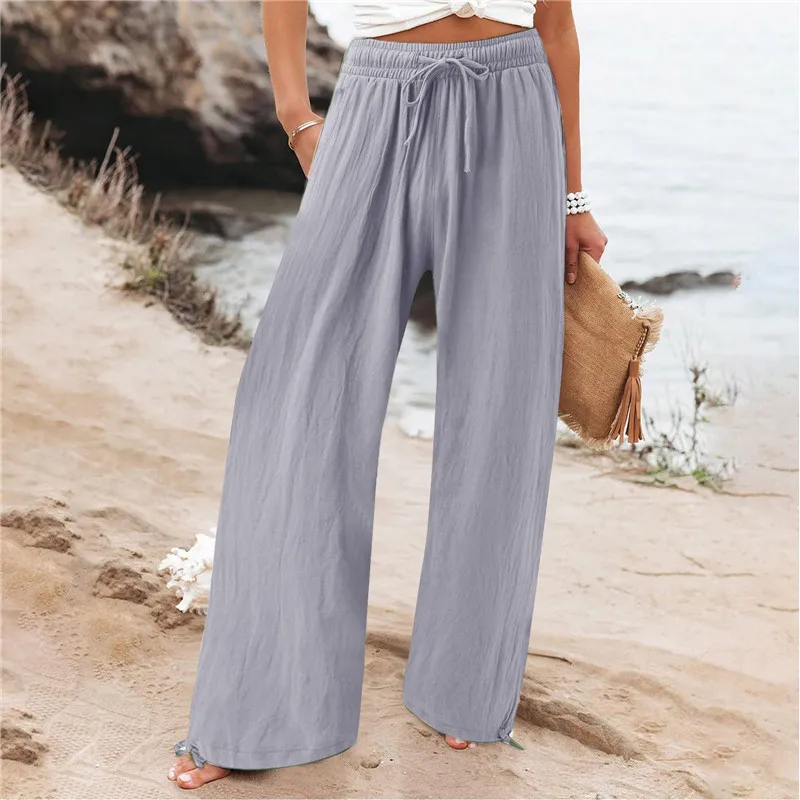 Cheap Women Solid Linen Pants Lace Up Elastic Waist Loose Wide Leg