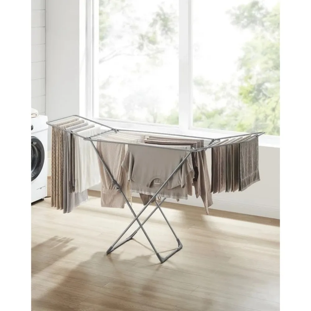 Clothes Drying Rack, Metal Laundry Drying Rack, Foldable, Space-Saving, Free-Standing Airer, with Gullwings, Indoor Outdoor Use 2