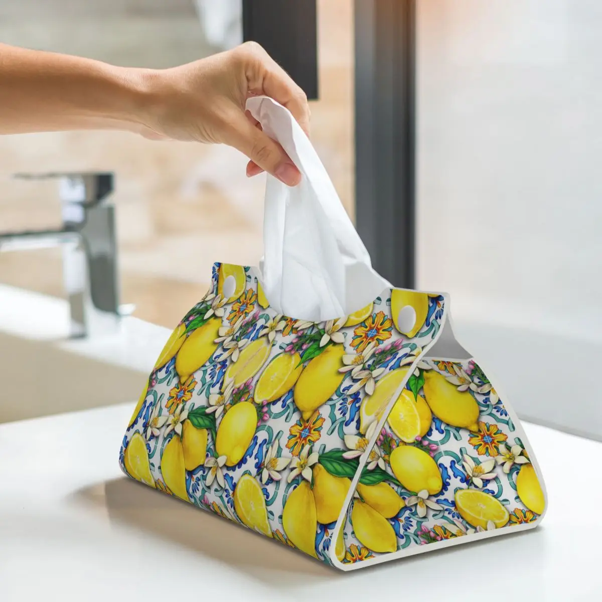 Custom Mediterranean Lemons Tiles Tissue Box Cover PU Leather Rectangular Facial Tissue Box Holder for Bathroom Home 6