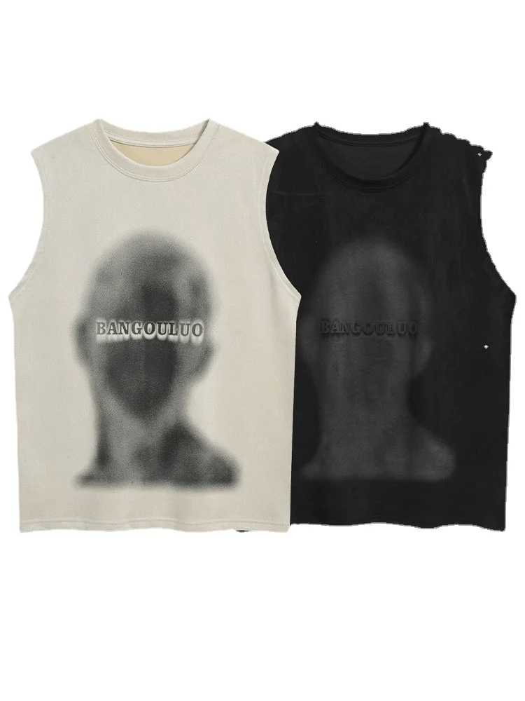 

Vest Cotton Men's American Retro Portrait Print Sports Casual Loose Couple Sleeveless round Neck T-shirt Black Youth Popularity
