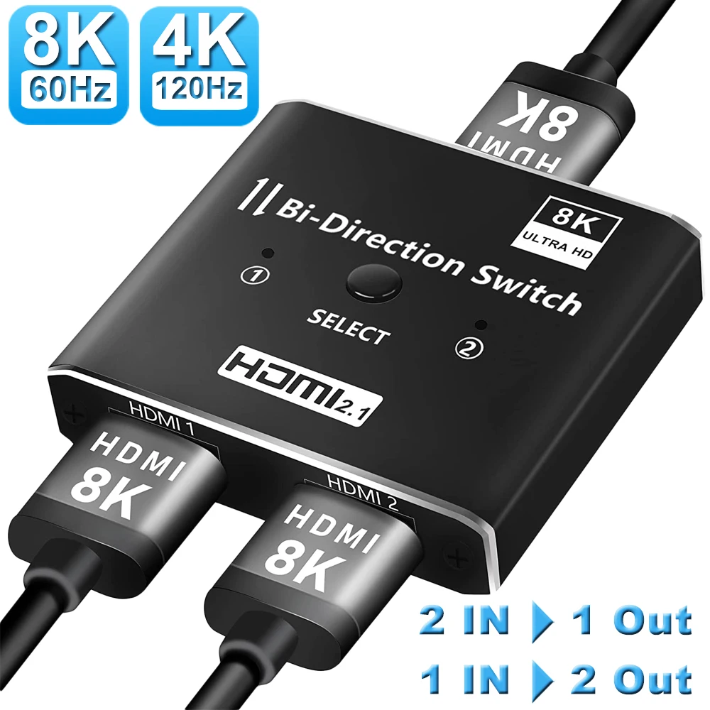 Navceker Hdmi 2.1 Splitter Switch 8K 60Hz 4K 120Hz 2 In 1 Out Per Tv Xiaomi Xbox Series Ps5 Hdmi Cable Monitor Hdmi 2.1 Switcher