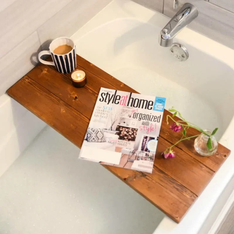 Solid Wood Bathtub Organizer Divider Shelf for Spa Hotel & Airbnb Bathrooms Natural Waterproof Storage with Bath Tray