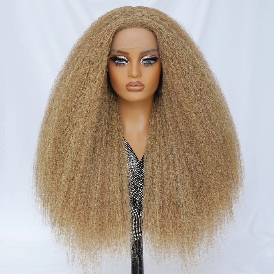 Synthetic Kinky Straight Lace Front Wig 28Inch T-Part 13x5x Long Lace Wigs Afro Yaki Straight Wigs Ombre Black Brown For Women