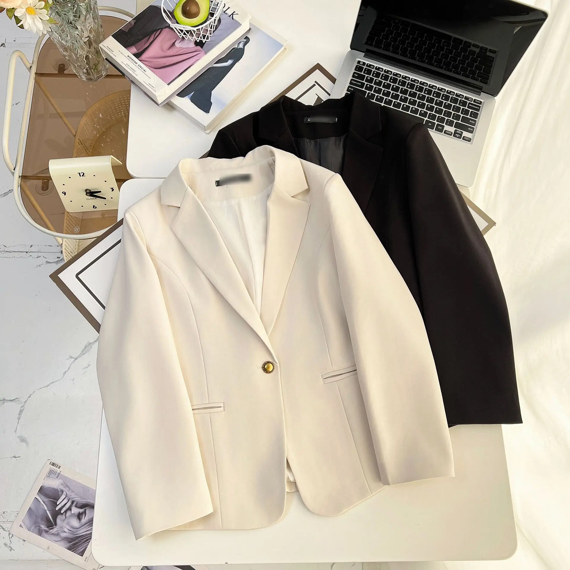 Women's Plus Size Short Blazer Jacket For Curvy Petite Slim Fit Spring Autumn Office Casual Lounge Coat Chic Elegant Black