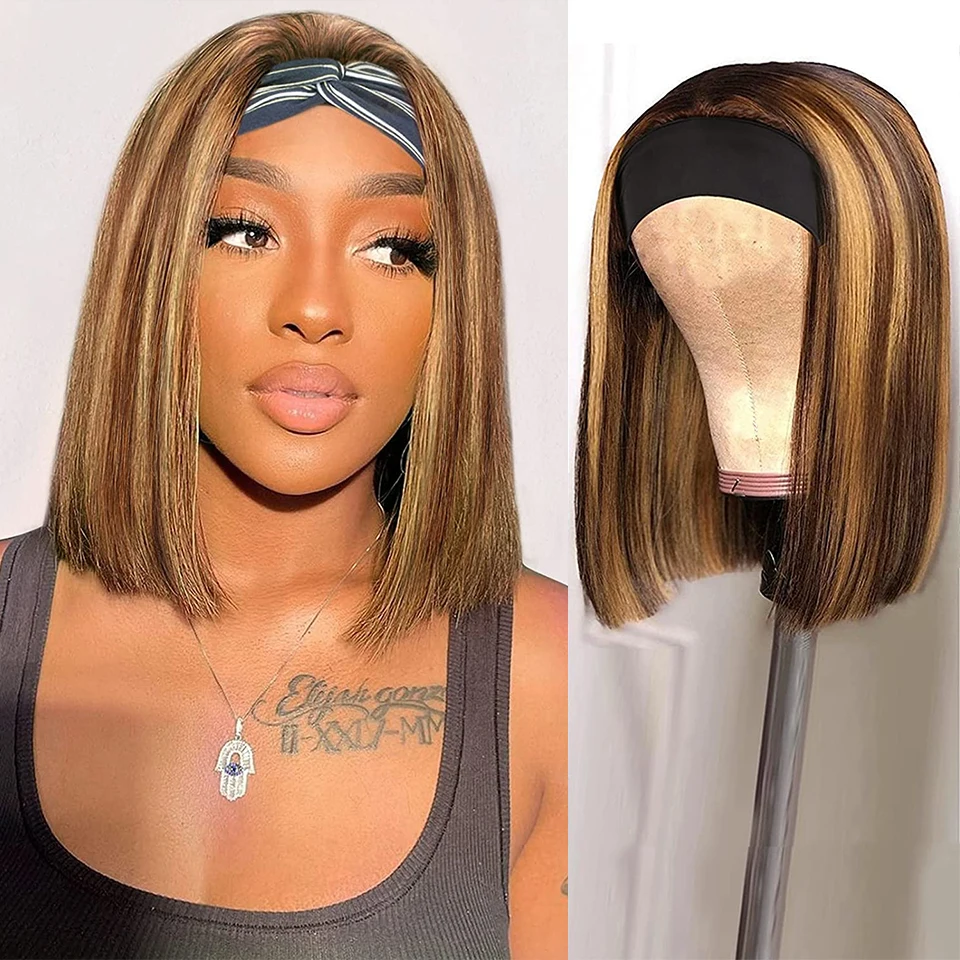 Highlight Bob Headband Wigs Human Hair Short Straight Bob Headband Wig for Women Brazilian Glueless P4/27 Ombre Brown Blonde Wig