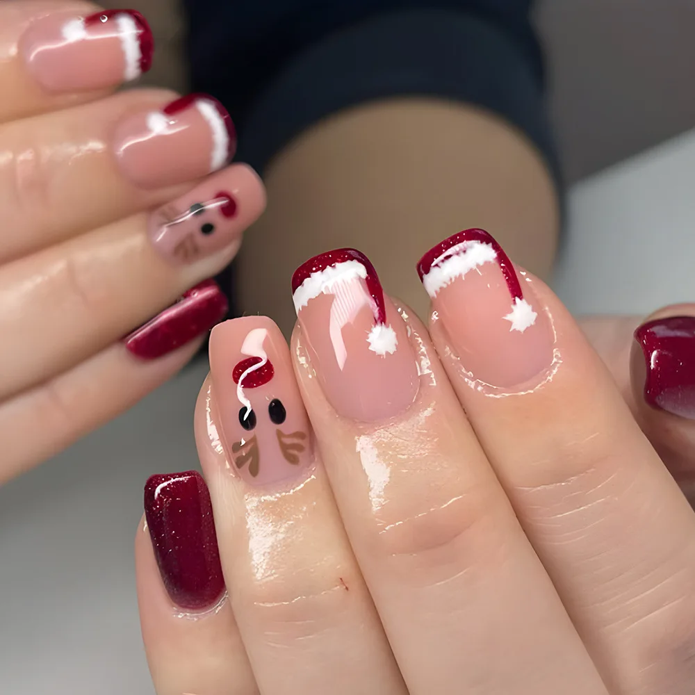 thumbnail image 2 of 24 uñas postizas con forma de gorro navideño, diseño de ciervo y alce, desmontables y cortas, para regalo de Navidad, 2 of 5