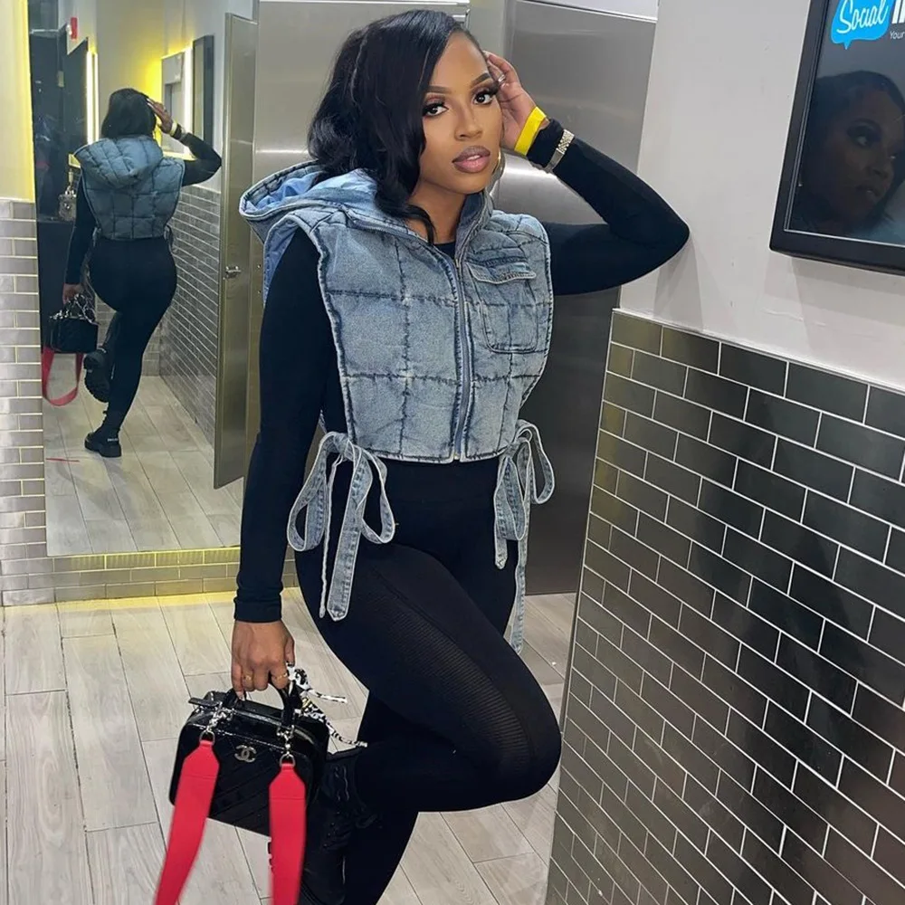 EchoineWinterSleevelessSideLaceUpVestJacketZipperDenimHoodies