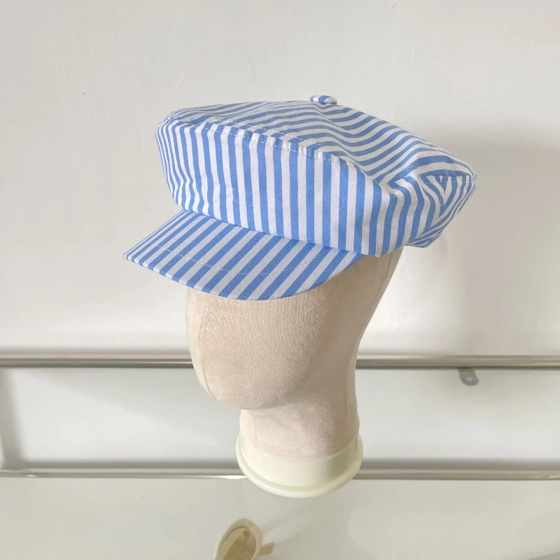 Korean Blue and White Striped Cotton Linen Thin Pu Short-brimmed Newsboy Hat Spring and Summer Female Versatile Painter Cap