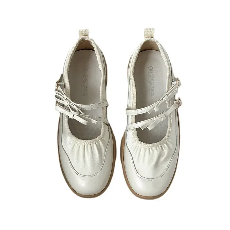 Silver Mary Jane Shoes for Women Sneakers New Fashion Bowknot Belt Buckle Casual Shoes Soft Leather Platform Walking Flats