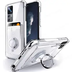 Soft Transparent Wallet Case with Card Slot and Magnetic Ring Holder - Silicone Cover for Xiaomi 12 Pro (Silver)