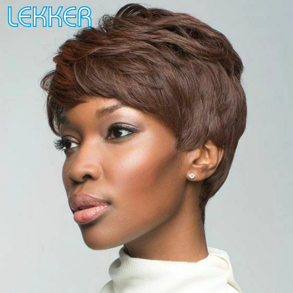 

Lekker Wear to Go Natural Brown Short Pixie Cut Human Hair Wigs With Bangs For Black Women Brazilian Remy Hair Curly Bob Wigs