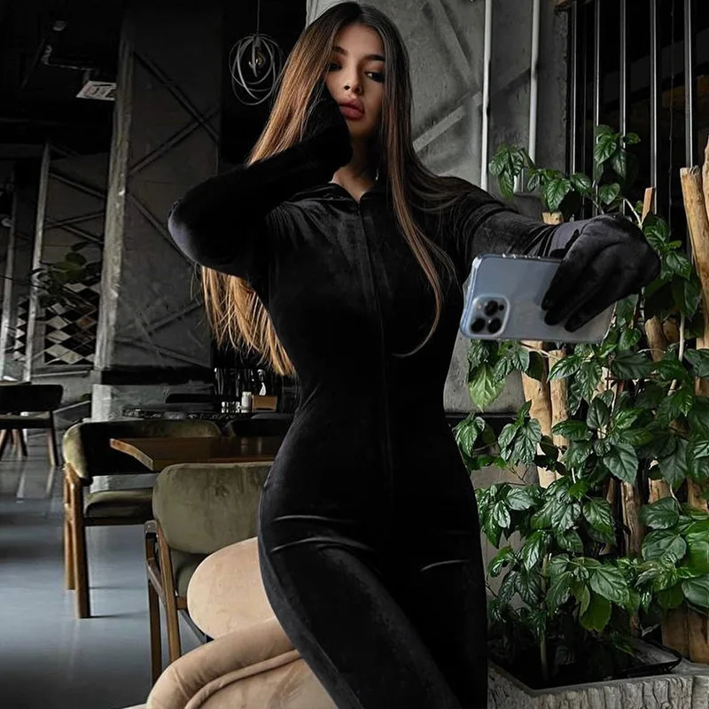 Autumn Winter Sexy Velvet Zipper Long Sleeve Women'S Hoodies Jumpsuits With Gloves Sportsuit Y2k Streetwear Ladies Casual Romper