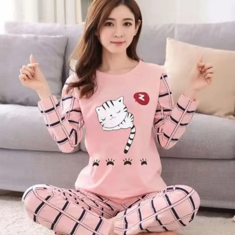 Women's Pajamas Sets Big Size 5XL Pyjama Plaid Loungewear Summer Autumn Sleepwear Cartoon 2 Piece Pjs Homewear