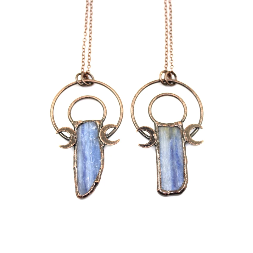 Kyanite Slice Antique Copper Pendants Necklace,Soldered Bronze Natural Blue Quartz Moon Accessories Chains Retro Jewelry,QC3376